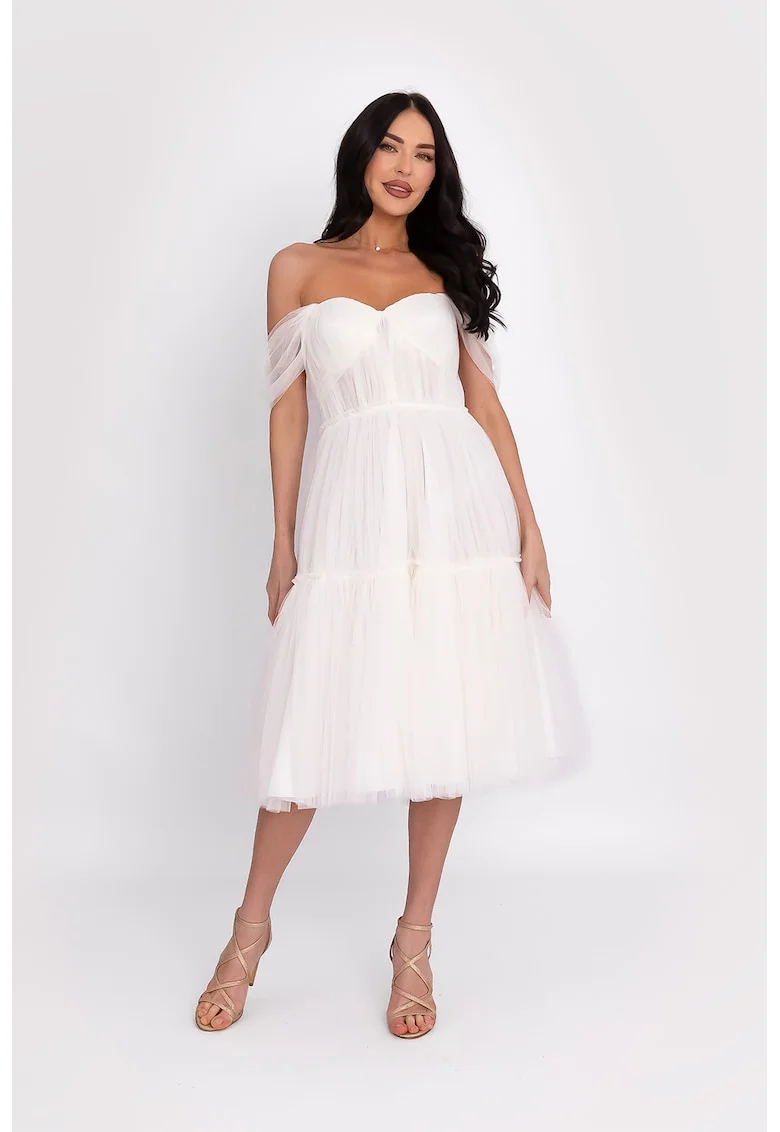 Rochie din tul cu decolteu pe umeri, Alb optic
