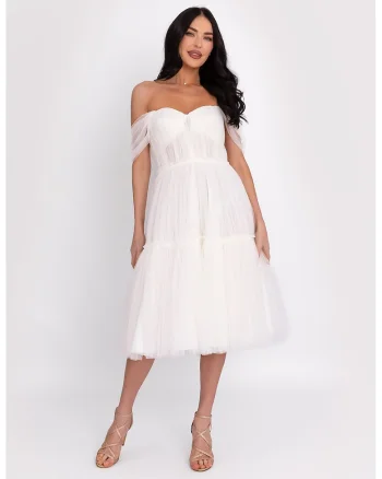 Rochie din tul cu decolteu pe umeri, Alb optic