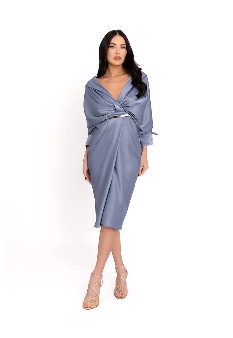 Rochie cu decolteu pe umeri si model drapat, Gri cenusiu