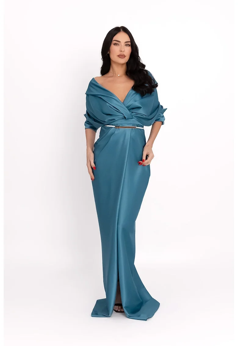 Rochie lunga cu model drapat, Turcoaz
