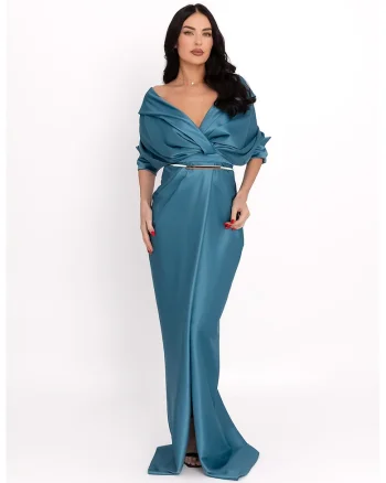 Rochie lunga cu model drapat, Turcoaz