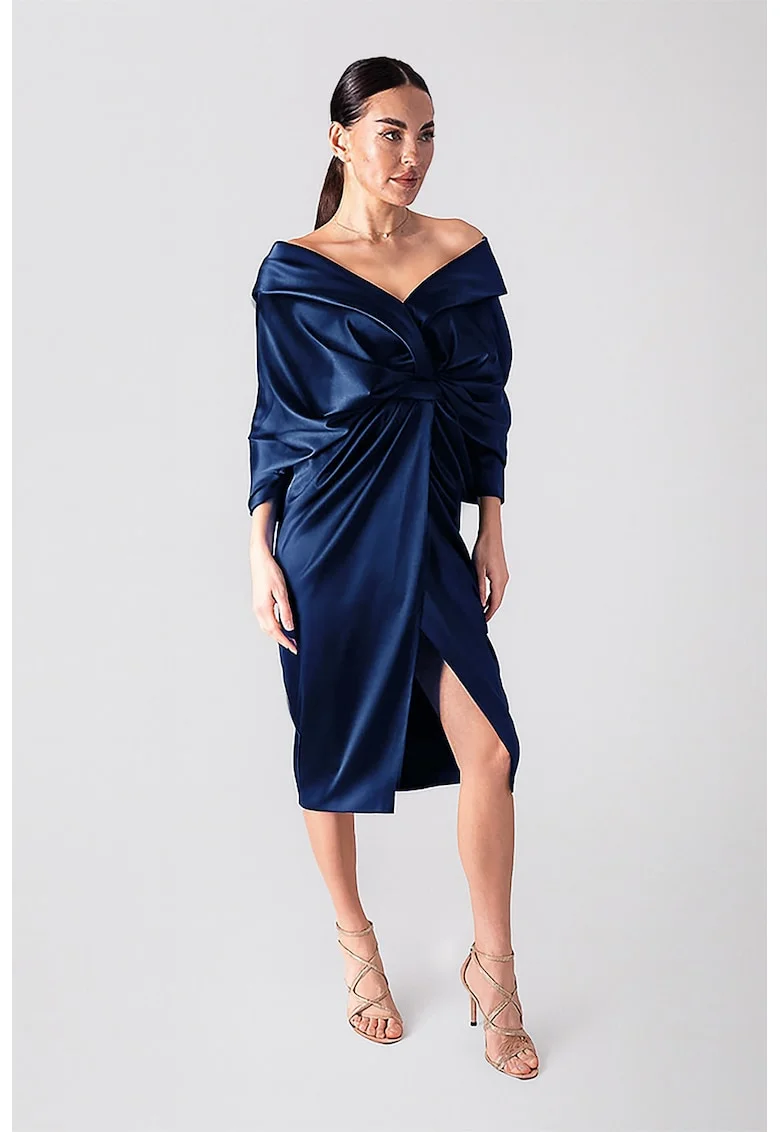 Rochie midi drapata cu decolteu in V, Albastru inchis