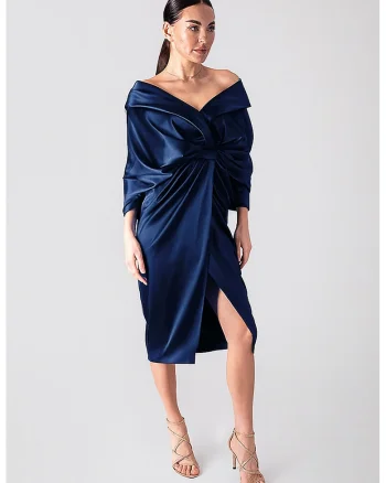 Rochie midi drapata cu decolteu in V, Albastru inchis