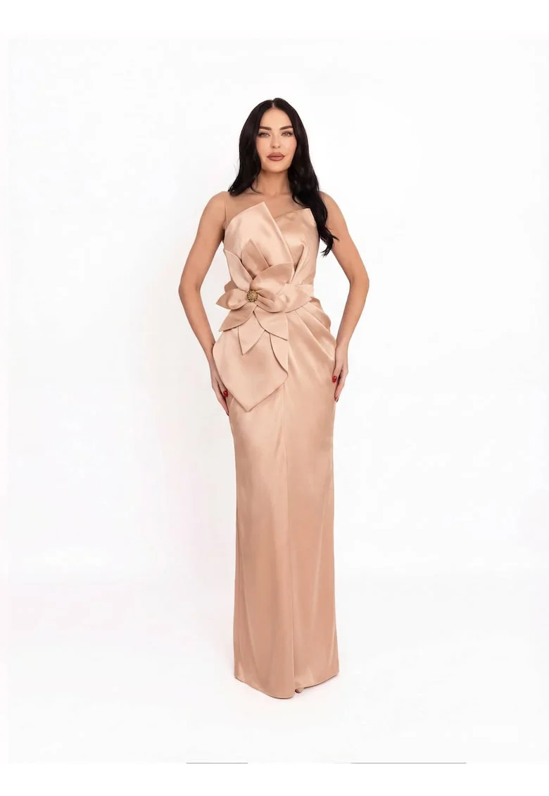 Rochie maxi,  cu aspect satinat, culoare Nude, material sintetic, de ocazie, Nude