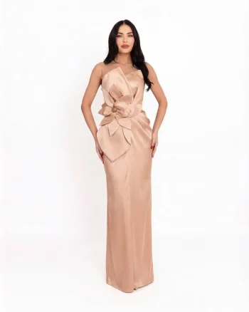 Rochie maxi,  cu aspect satinat, culoare Nude, material sintetic, de ocazie, Nude