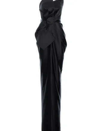 Rochie cambrata lunga cu aspect de satin si aplicatii, Negru