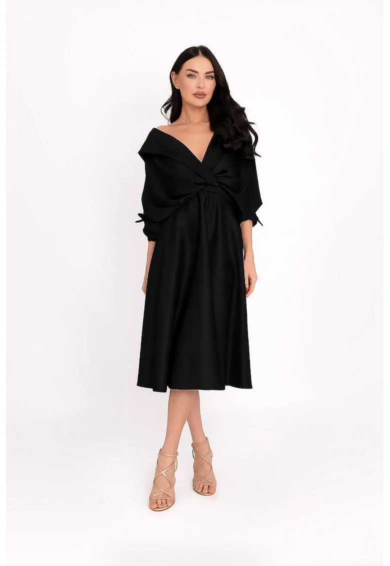 Rochie midi evazata de satin, Negru