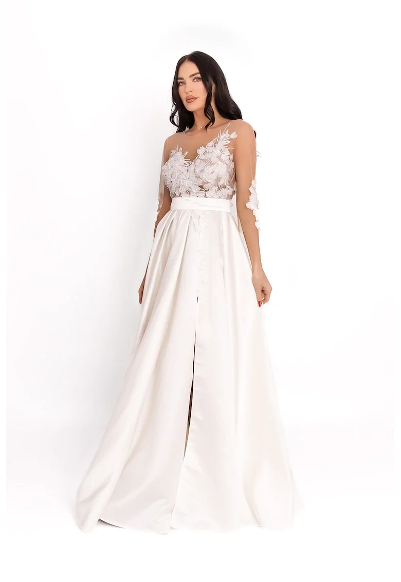 Rochie lunga cu slit frontal si aplicatie florala, Alb optic