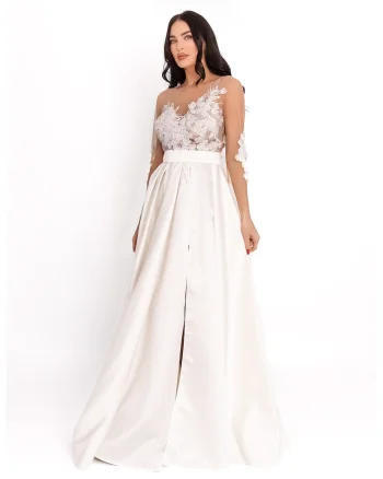 Rochie lunga cu slit frontal si aplicatie florala, Alb optic