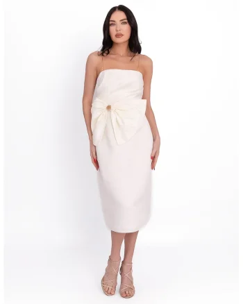Rochie lunga satinata cu aplicatie florala, Alb