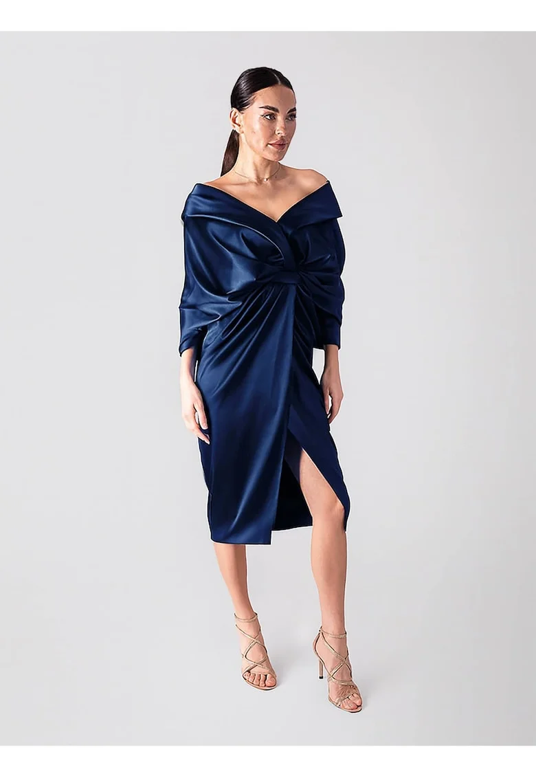 Rochie midi,  cu model drapat, culoare Bleumarine, material sintetic, de ocazie, Bleumarin