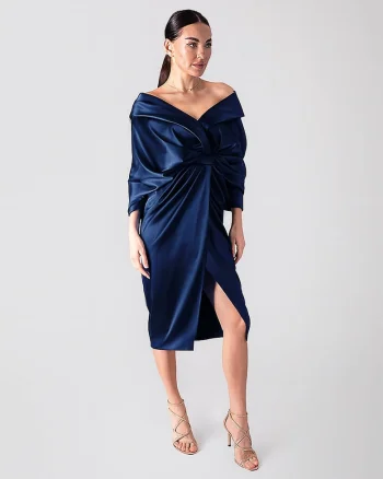 Rochie midi,  cu model drapat, culoare Bleumarine, material sintetic, de ocazie, Bleumarin