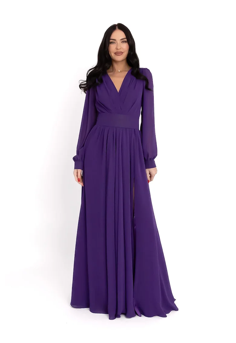 Rochie maxi cu decolteu in V si slit, Violet
