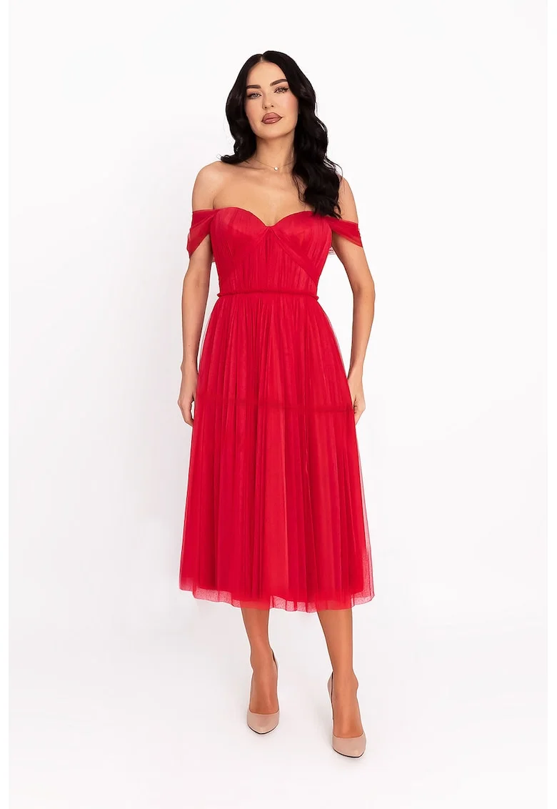 Rochie midi cu decolteu pe umeri, Rosu