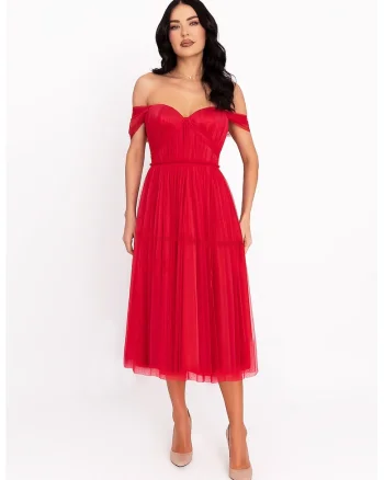 Rochie midi cu decolteu pe umeri, Rosu