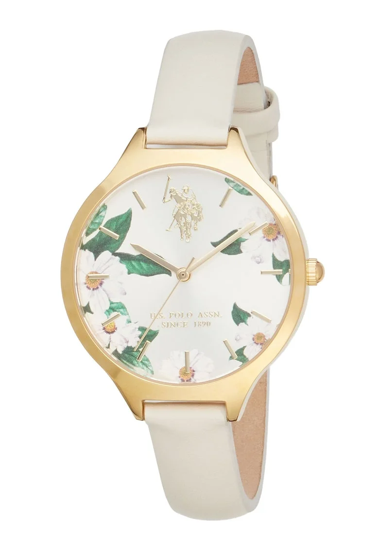 Ceas cu curea din piele si model floral, Alb prafuit
