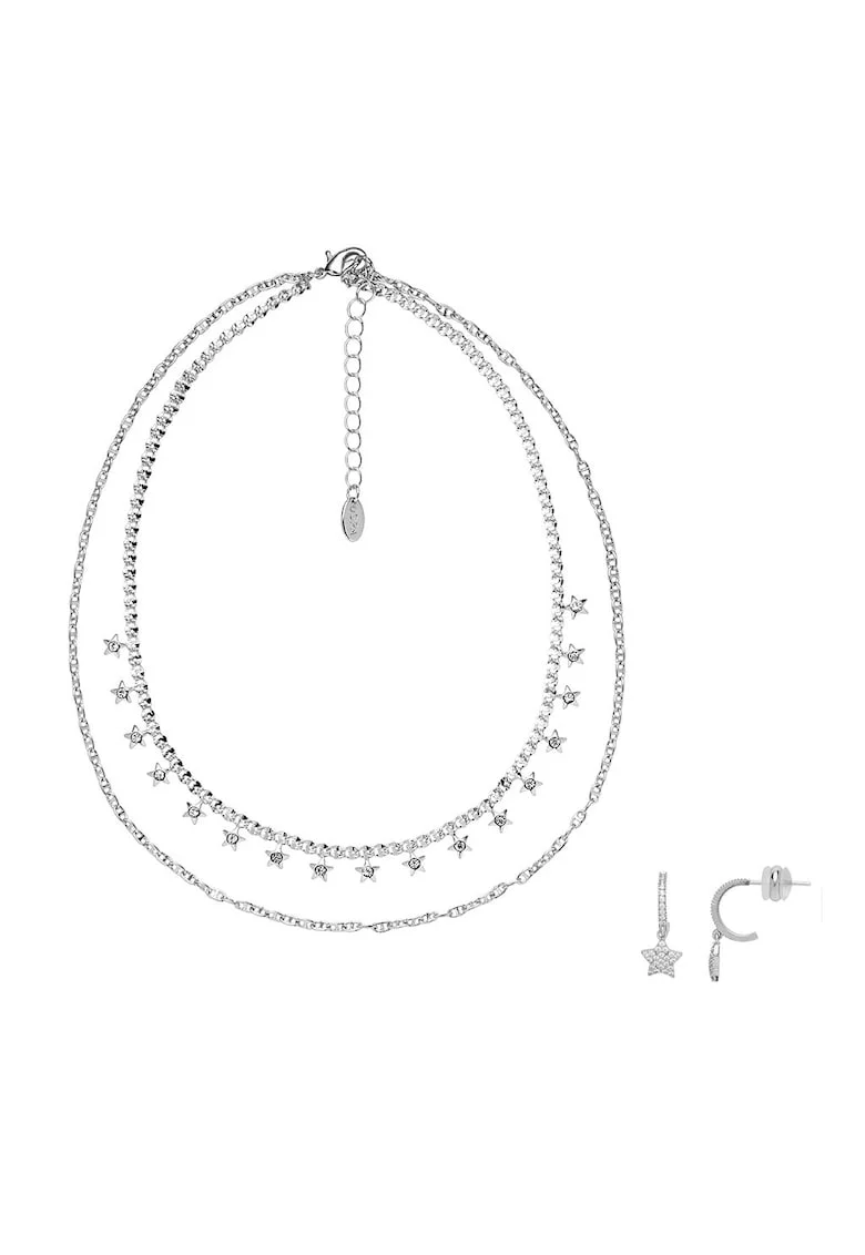 Set de cercei si colier cu siraguri multiple din metal placati cu rodiu, Argintiu