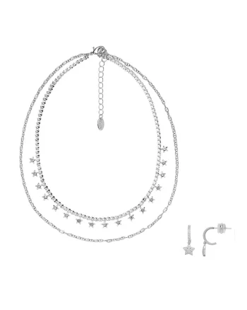 Set de cercei si colier cu siraguri multiple din metal placati cu rodiu, Argintiu
