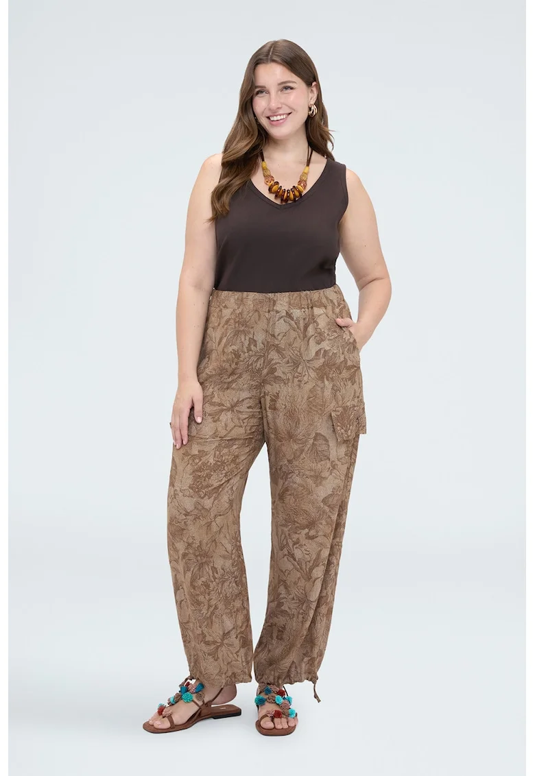 Pantaloni cargo cu imprimeu floral, Maro camel