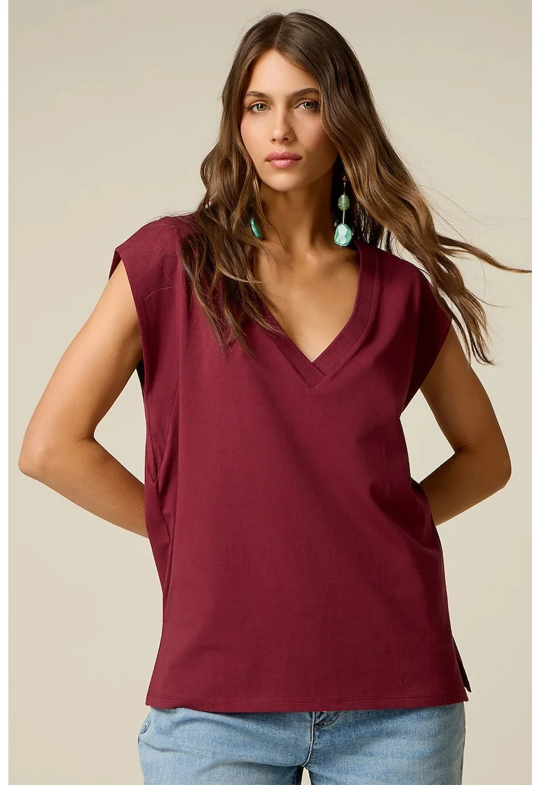 Tricou lejer cu decolteu in V, Visiniu
