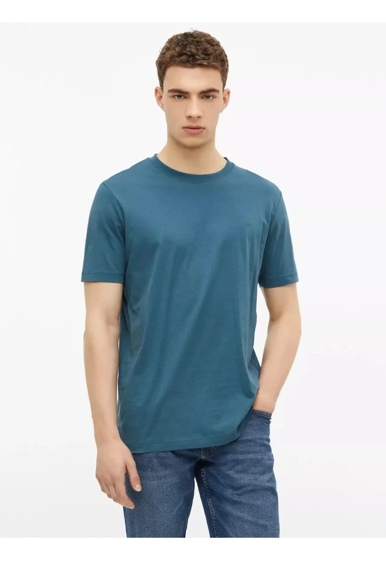 Tricou barbati, din bumbac, la baza gatului, Regular fit, Albastru petrol