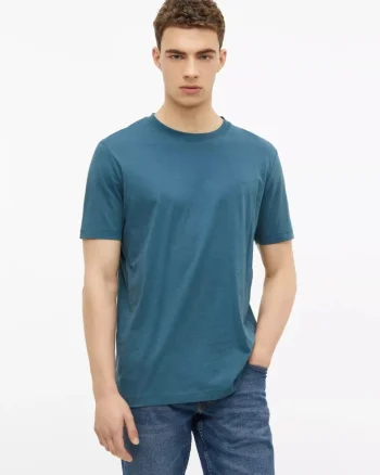 Tricou barbati, din bumbac, la baza gatului, Regular fit, Albastru petrol