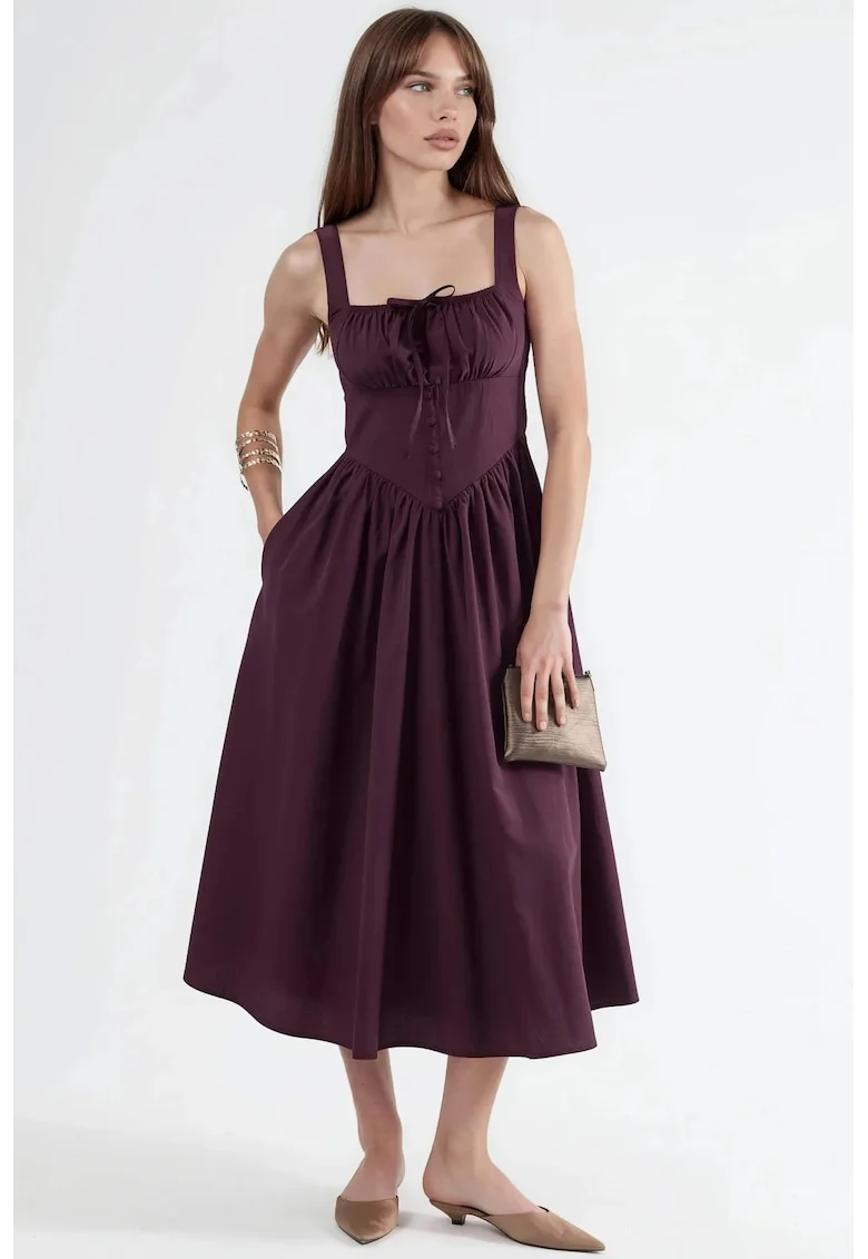 Rochie Midi  guler patrat, cu nasturi, bumbac/poliester, Violet/Mov