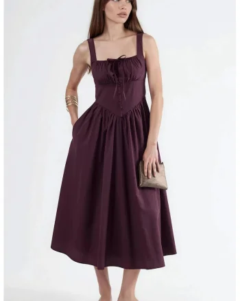 Rochie Midi  guler patrat, cu nasturi, bumbac/poliester, Violet/Mov