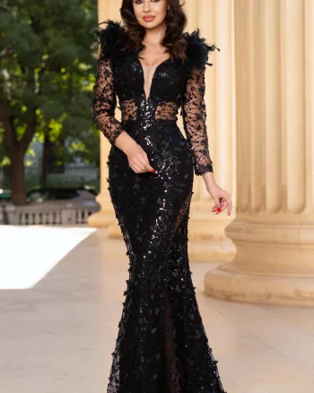 Rochie lunga neagra de seara Alejandra cu paiete si fluturi decorativi