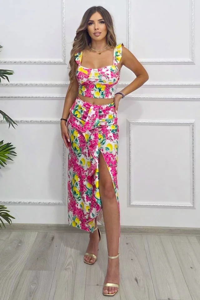 Compleu Summer Party, top cu volane si fusta cu imprimeu lamai, Fucsia, Marime S/M