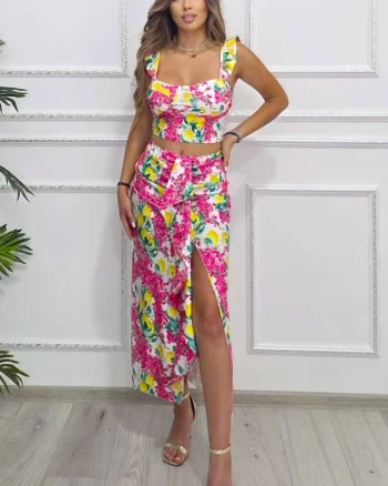 Compleu Summer Party, top cu volane si fusta cu imprimeu lamai, Fucsia, Marime S/M