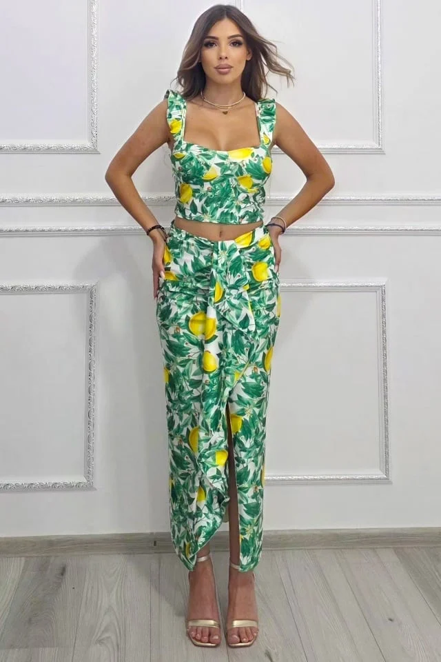 Compleu Summer Party, top cu volane si fusta cu imprimeu lamai, Verde, Marime S/M