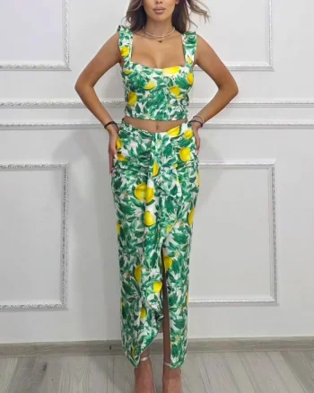 Compleu Summer Party, top cu volane si fusta cu imprimeu lamai, Verde, Marime S/M