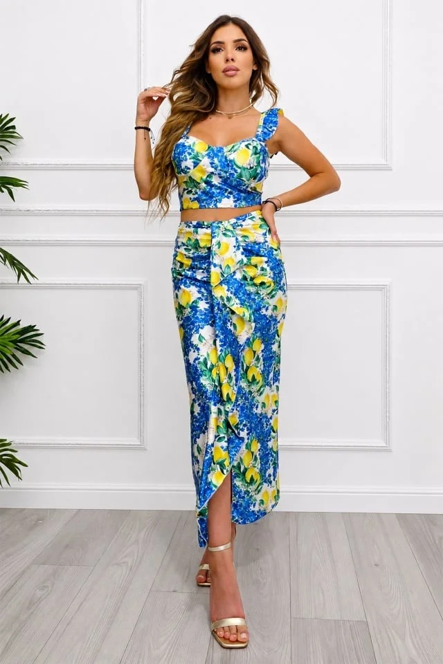 Compleu Summer Party, top cu volane si fusta cu imprimeu lamai ,Albastru , Marime S/M