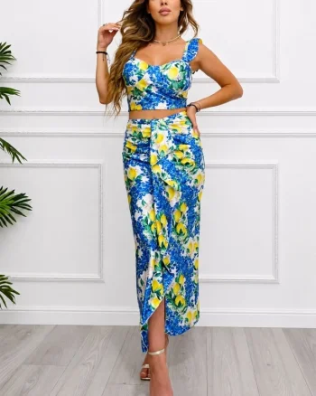 Compleu Summer Party, top cu volane si fusta cu imprimeu lamai ,Albastru , Marime S/M