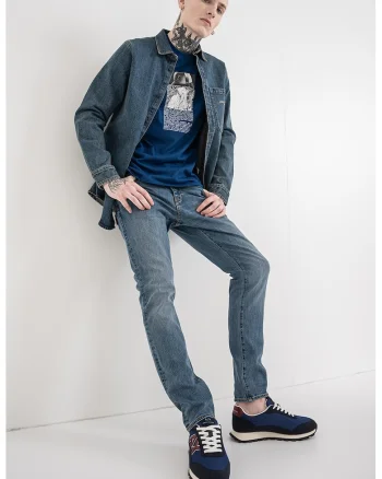 Camasa de denim cu buzunar pe piept, Albastru melange