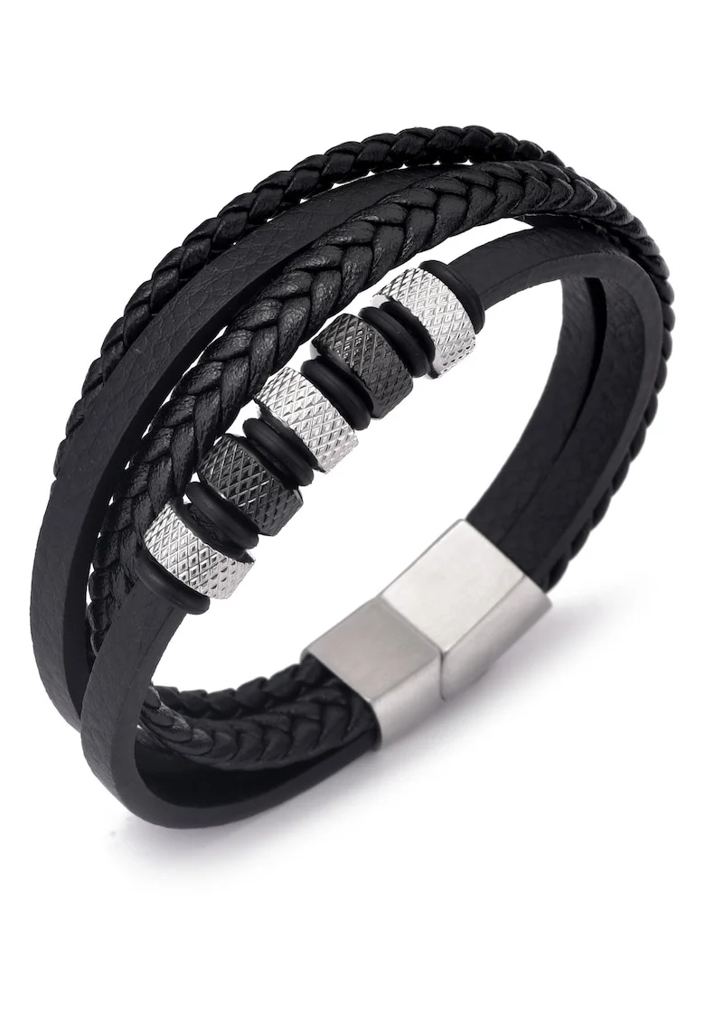 Bratara barbati din piele naturala negru-argintiu Cercuri - 22 cm