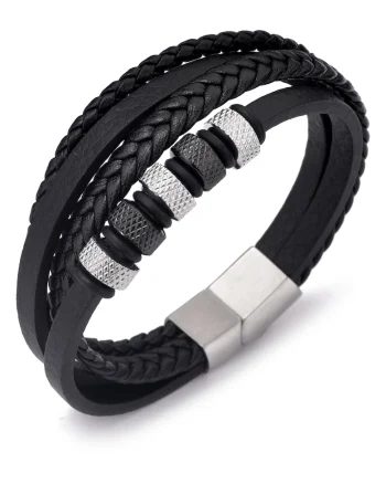 Bratara barbati din piele naturala negru-argintiu Cercuri - 22 cm