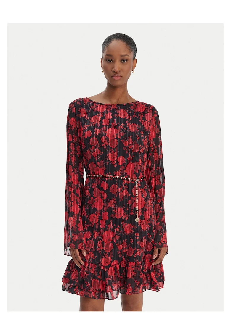 Rochie casual,  neagra si rosie, poliester, set 2 piese,