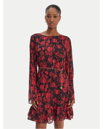 Rochie casual,  neagra si rosie, poliester, set 2 piese,