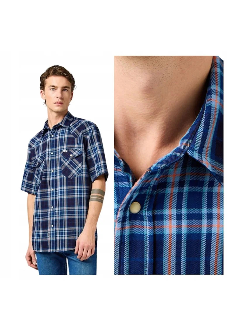 Camasa stil western pentru barbati,  Marimea S, Albastru, Model SS WESTERN SHIRT cu maneca scurta, Croiala standard regular fit, Material 100% bumbac rezistent, Un buzunar frontal