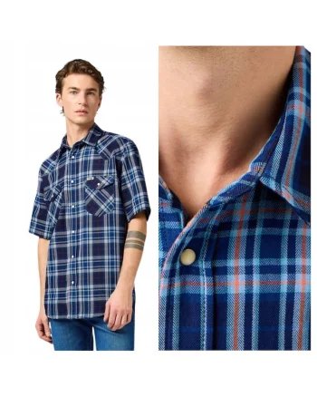 Camasa stil western pentru barbati,  Marimea S, Albastru, Model SS WESTERN SHIRT cu maneca scurta, Croiala standard regular fit, Material 100% bumbac rezistent, Un buzunar frontal
