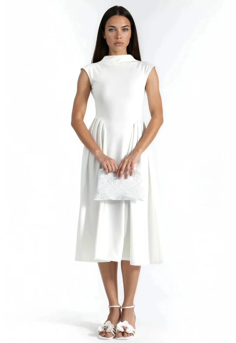 Rochie Midi  Alb, Poliester/Elastan, Guler rotund