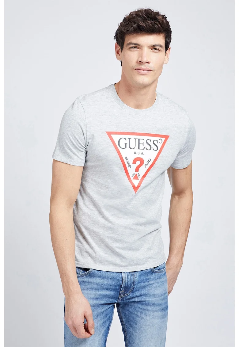 Tricou slim fit cu decolteu la baza gatului si imprimeu logo triunghiular, Rosu/Gri melange