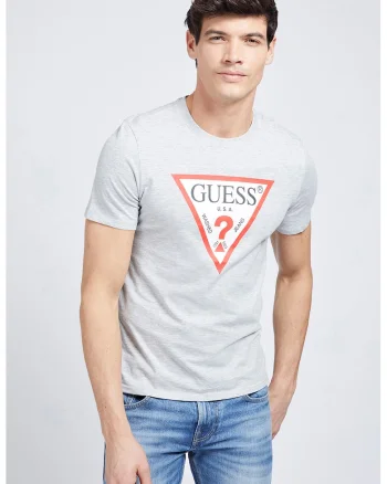 Tricou slim fit cu decolteu la baza gatului si imprimeu logo triunghiular, Rosu/Gri melange