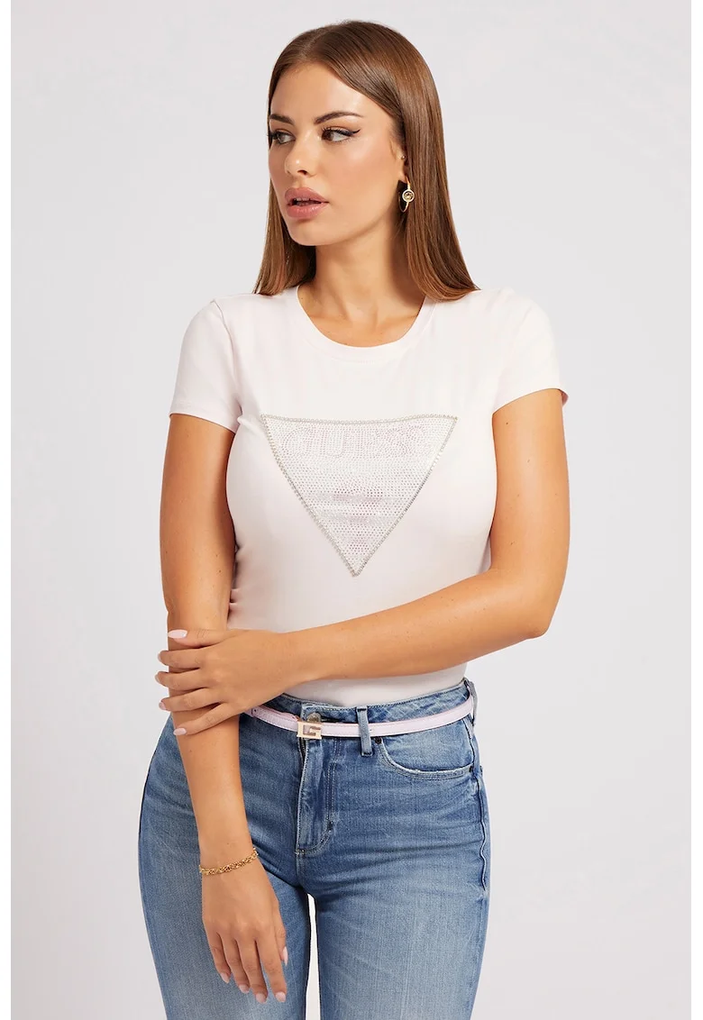 Tricou cu decolteu rotund si logo cu strasuri, Roz pal/Argintiu