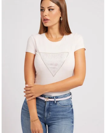 Tricou cu decolteu rotund si logo cu strasuri, Roz pal/Argintiu