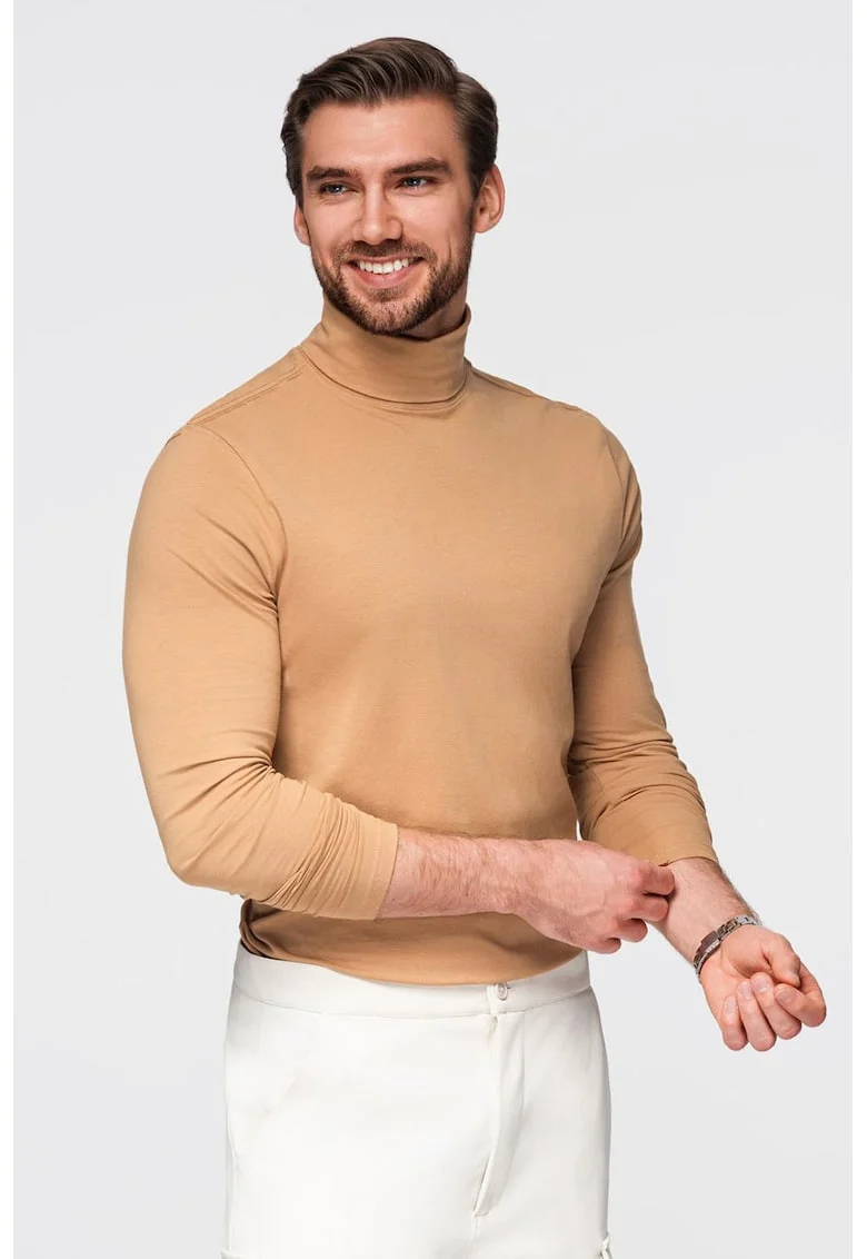 Bluza slim fit cu guler inalt, Maro camel