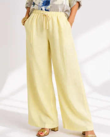 Pantaloni largi de vara din in, cu talie elastica, galbeni
