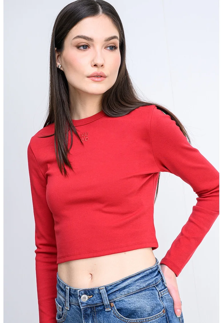 Bluza crop slim fit cu logo Dafilomena, Rosu inchis